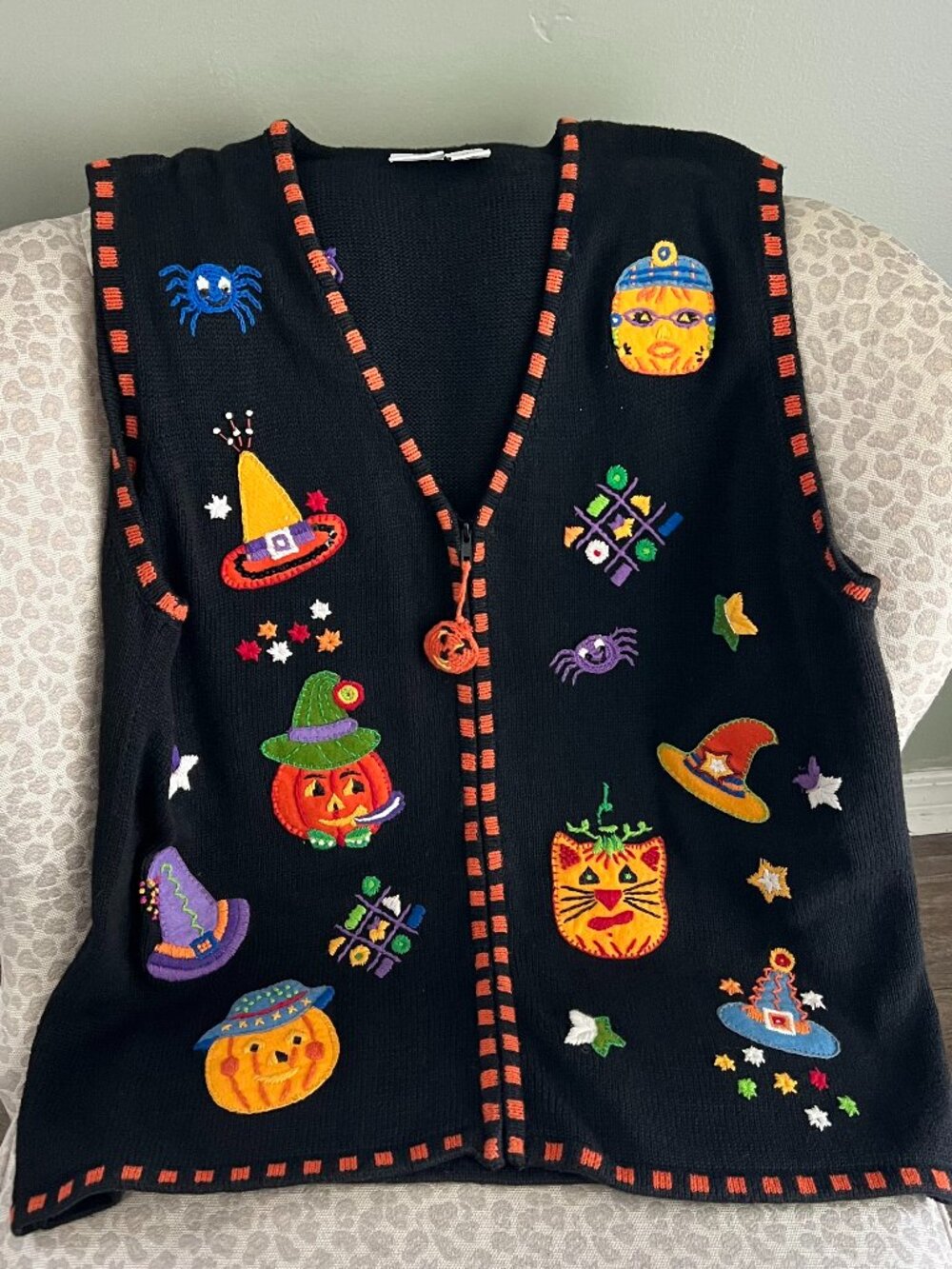 Vintage Carolina Colours Halloween Sweater Vest Witch Pumpkin Cat Womens 24